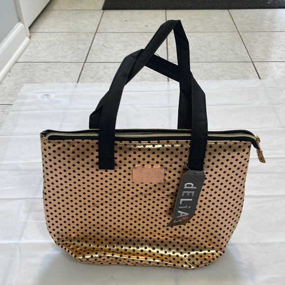 dELiA*s Handbags - Delia’s Gold Black Polka Dot Metallic vinyl zip lunch tote travel handbag